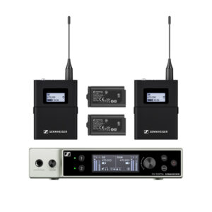 Zestaw dwóch mikroportów bodypack z mikrofonami nagłownymi do wystąpień, konferencji, przemówień na żywo