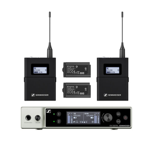 Zestaw dwóch mikroportów bodypack z mikrofonami nagłownymi do wystąpień, konferencji, przemówień na żywo